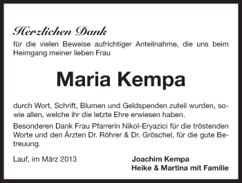 Traueranzeige von Maria Kempa von Pegnitz-Zeitung